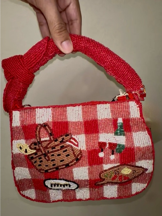 SolandMer Handbags - Red Beaded Check Mini Shoulder Bag with Picnic Motif